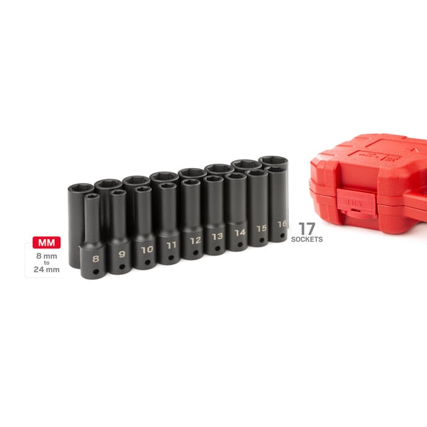 1/2 Inch Drive Deep 6-Point Impact Socket Set, 17-Piece (8-24 mm)