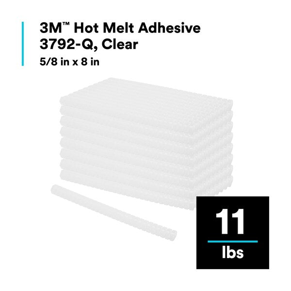 Hot Melt Adhesive, Clear, 5/8 in Diameter, 8 in Length, 50 sec Begins to Harden