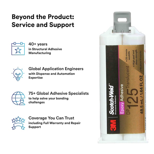 Epoxy Adhesive, DP125 Series, Clear, 1:01 Mix Ratio, 150 min Functional Cure, Dual-Cartridge