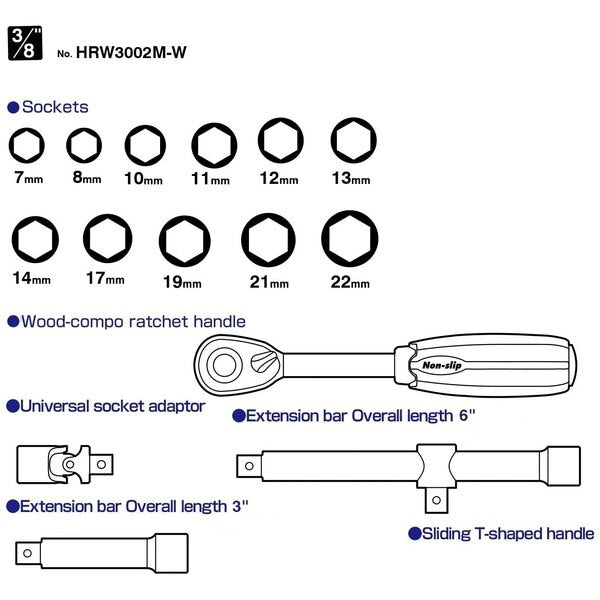 WOOD-COMPO Socket Wrench Set No.HRW3002M