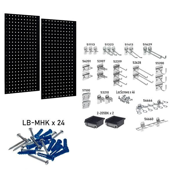 (2) 18 In. W x 36 In. H Black Steel Square Hole Pegboards 30 pc. LocHook Assortment & Hanging Bin System