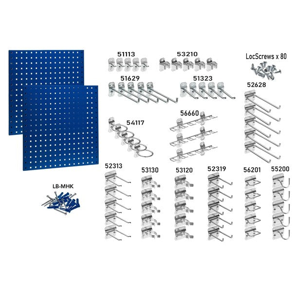 (2) 24 In. W x 24 In. H Blue Epoxy 18-Gauge Steel Square Hole Pegboards 46 pc. LocHook Assortment