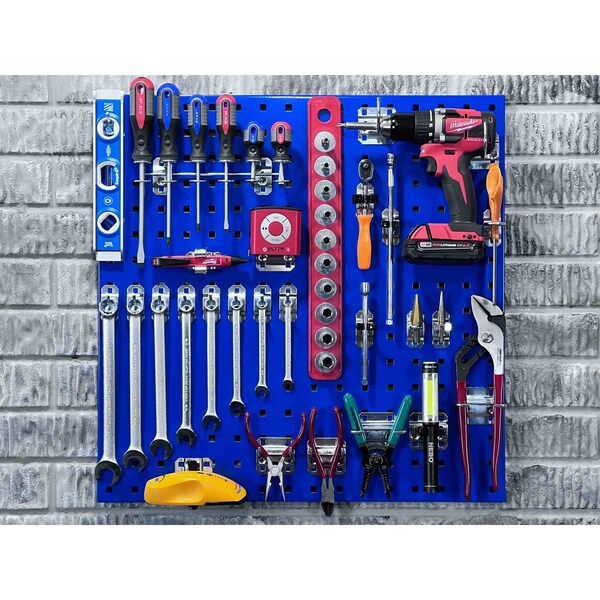 (2) 24 In. W x 24 In. H Blue Epoxy 18-Gauge Steel Square Hole Pegboards 46 pc. LocHook Assortment