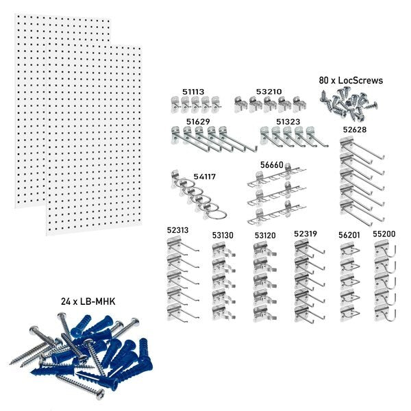 (2) 24 In. W x 42-1/2 In. H White Epoxy 18-Gauge Steel Square Hole Pegboards 63 pc. LocHook Assortment