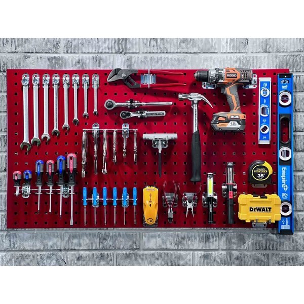 (2) 24 In. W x 42-1/2 In. H Red Epoxy 18-Gauge Steel Square Hole Pegboards 63 pc. LocHook Assortment
