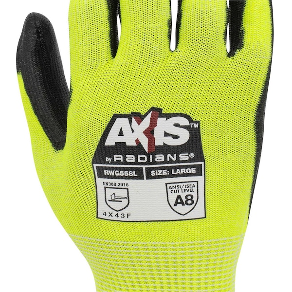 Hi-Vis Cut Resistant Coated Gloves, A7 Cut Level, Polyurethane, 2XL, 1 PR