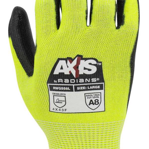 Hi-Vis Cut Resistant Coated Gloves, A7 Cut Level, Polyurethane, L, 1 PR