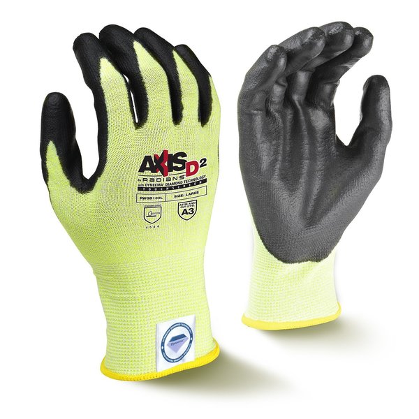 Hi-Vis Cut Resistant Coated Gloves, A3 Cut Level, Polyurethane, M, 1 PR