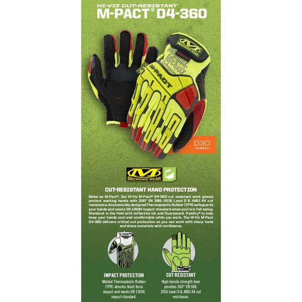 Hi-Vis Cut Resistant Impact Gloves, A4 Cut Level, Uncoated, S, 1 PR