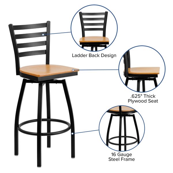 Restaurant Stool, Ladder Back, Nat Seat, Seat Height Range: 30-1/4