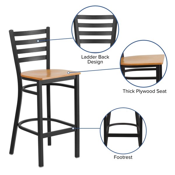 Restaurant Stool, Ladder Back, Nat Seat, Seat Height Range: 29