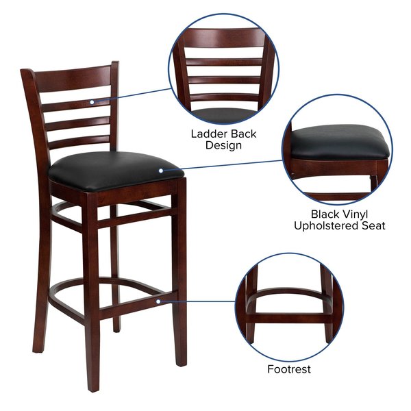 Barstool, Ladder Back, Mah Wood, Blk Vinyl