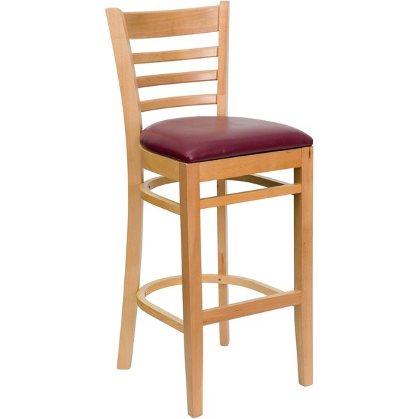 Barstool, Natural Wood, Burgndy Vinyl Sea, Backrest: Ladder Back