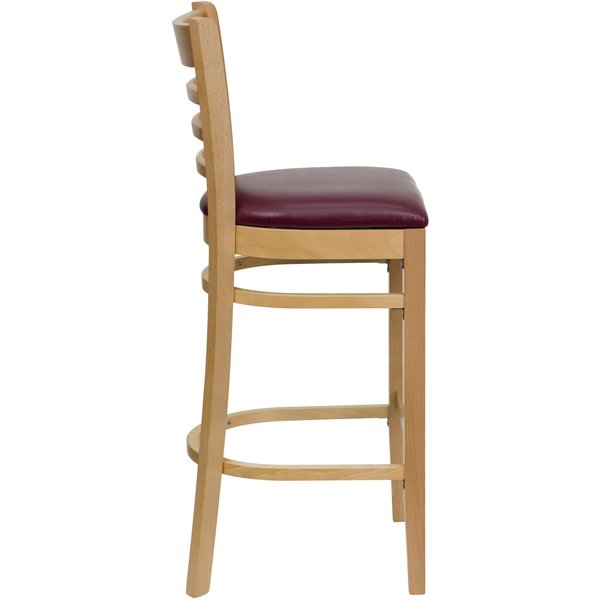Barstool, Natural Wood, Burgndy Vinyl Sea, Backrest: Ladder Back