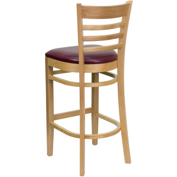Barstool, Natural Wood, Burgndy Vinyl Sea, Backrest: Ladder Back