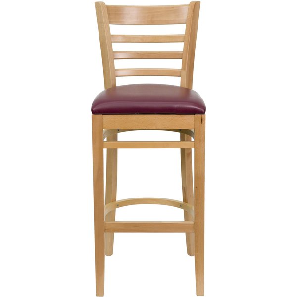 Barstool, Natural Wood, Burgndy Vinyl Sea, Backrest: Ladder Back