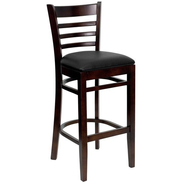 Wood Barstool, Walnut, Ladder Bck, Blk Vny, Seat Height Range: 31