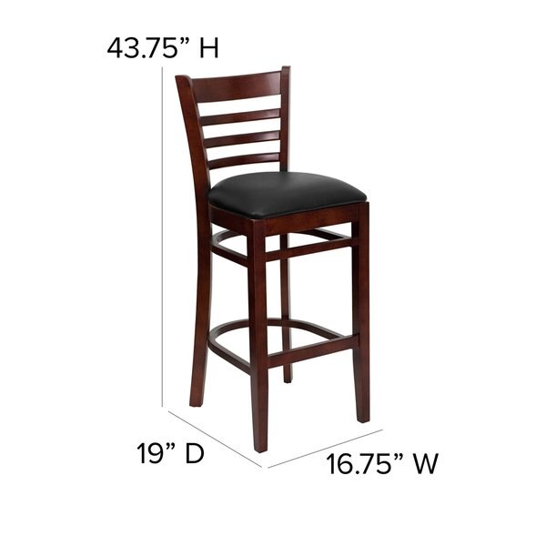 Wood Barstool, Walnut, Ladder Bck, Blk Vny, Seat Height Range: 31