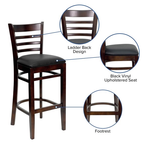 Wood Barstool, Walnut, Ladder Bck, Blk Vny, Seat Height Range: 31