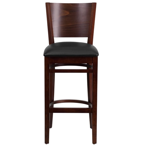 Wood Barstool, Walnut, Ladder Bck, Blk Vny, Seat Height Range: 31-1/2