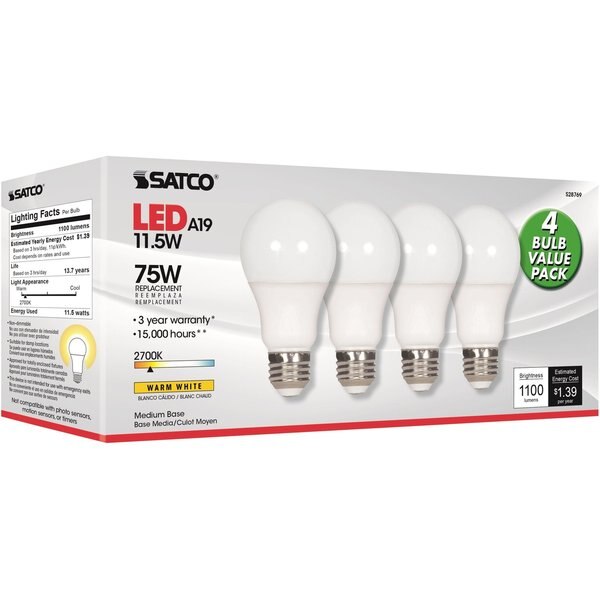 Bulb, LED, 11.5W, 120V, A19, Base E26, 50K, PK4