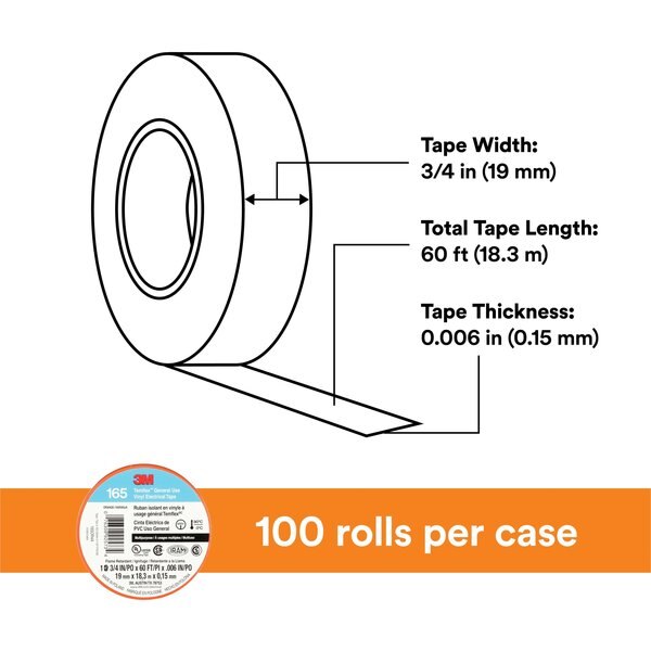 Elec Tape, 60 ft Lx3/4 in W, 6 mil, Orange