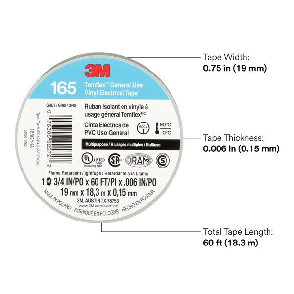 Elec Tape, 60 ft Lx3/4 in W, 6 mil, Gray