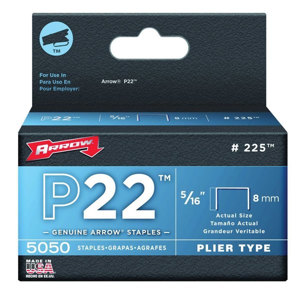 Light Duty Staples, P22, 24 ga, Flat Crown, 5/16 in Leg L, Steel, 5000 PK