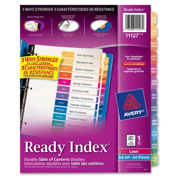 AveryÂ® Ready IndexÂ® Table of Contents Dividers 11127, Jan-Dec, 12-Tab Set