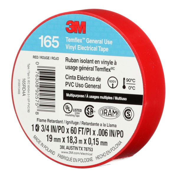 Elec Tape, 60 ft Lx3/4 in W, 6 mil, Red
