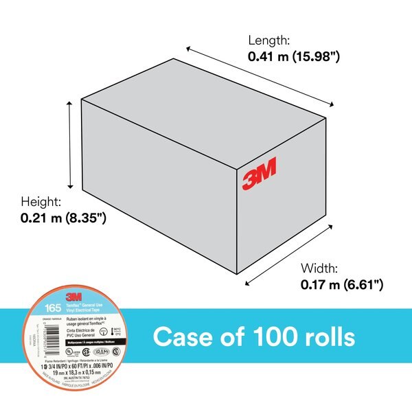 Elec Tape, 60 ft Lx3/4 in W, 6 mil, Orange