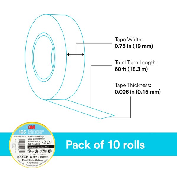 Elec Tape, 60 ft Lx3/4 in W, 6 mil, Yellow