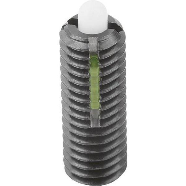 Spring Plunger Light Spring Force, Long-Lok D=M12 L=28, Steel, Comp: Pin POM Plastic