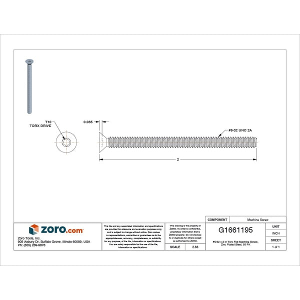#6-32 x 2 in Torx Flat Machine Screw, Zinc Plated Steel, 50 PK