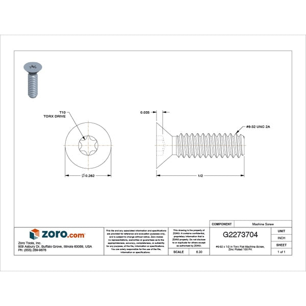 #6-32 x 1/2 in Torx Flat Machine Screw, Zinc Plated Steel, 100 PK
