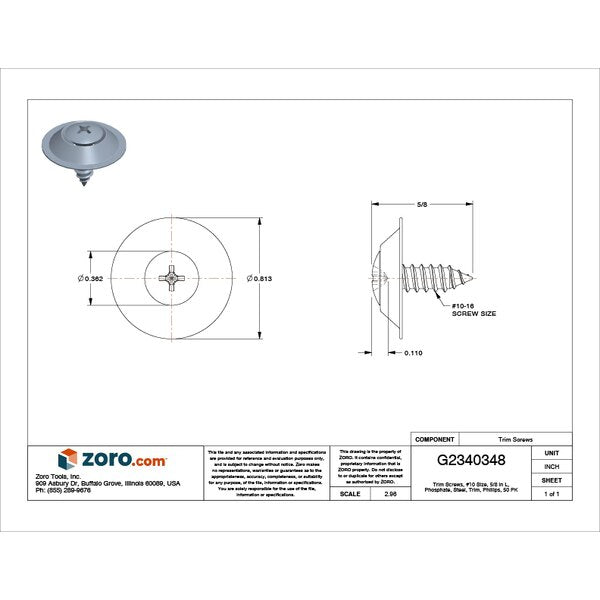 Drywall Screw, #10 x 51/64 in, Steel, Trim Head Phillips Drive, 50 PK