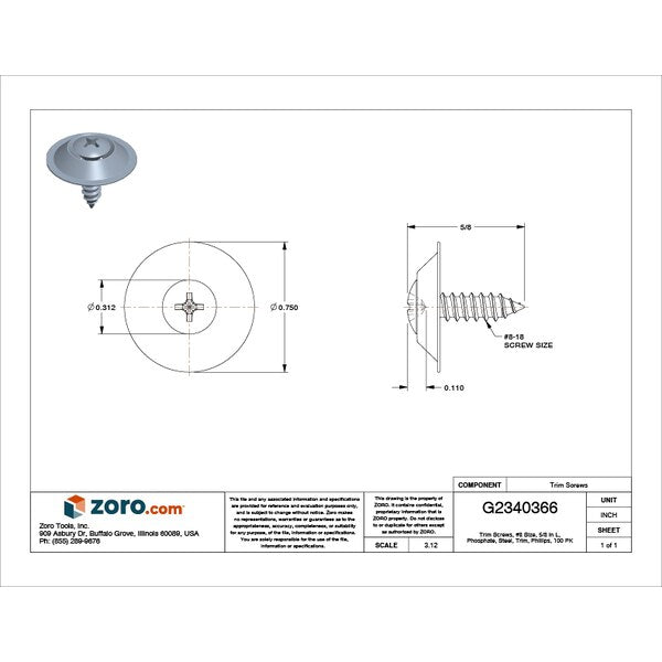 Drywall Screw, #8 x 49/64 in, Steel, Trim Head Phillips Drive, 100 PK
