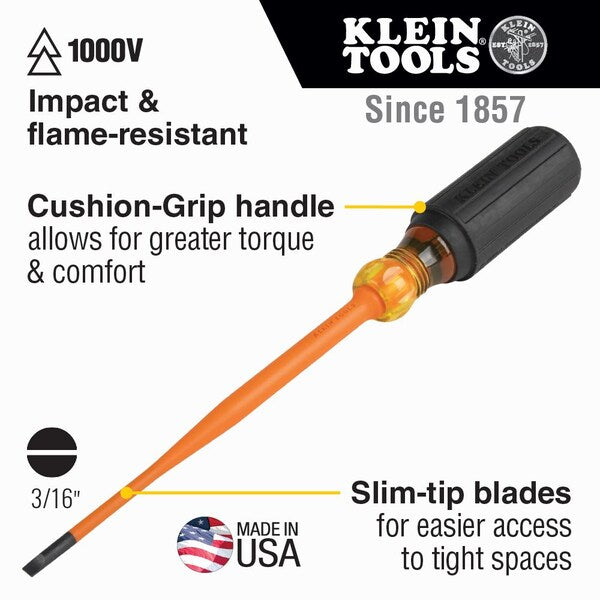 Slim-Tip Insulated Screwdriver, 3/16-Inch Cabinet, 6-Inch Round Shank