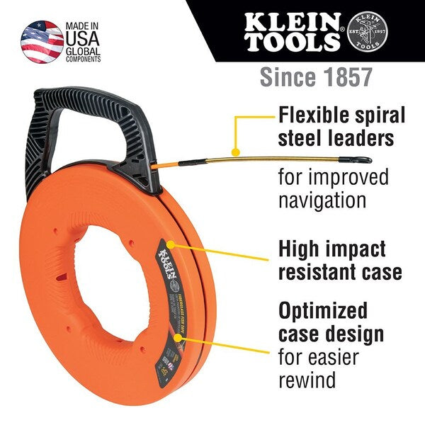 Fiberglass Fish Tape with Spiral Steel Leader, 50-Foot