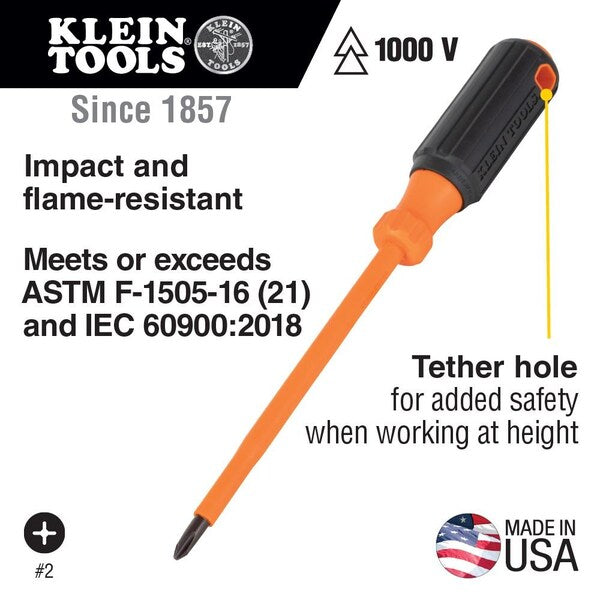 Insulated Screwdriver, #2 Phillips Tip, 4-Inch Round Shank