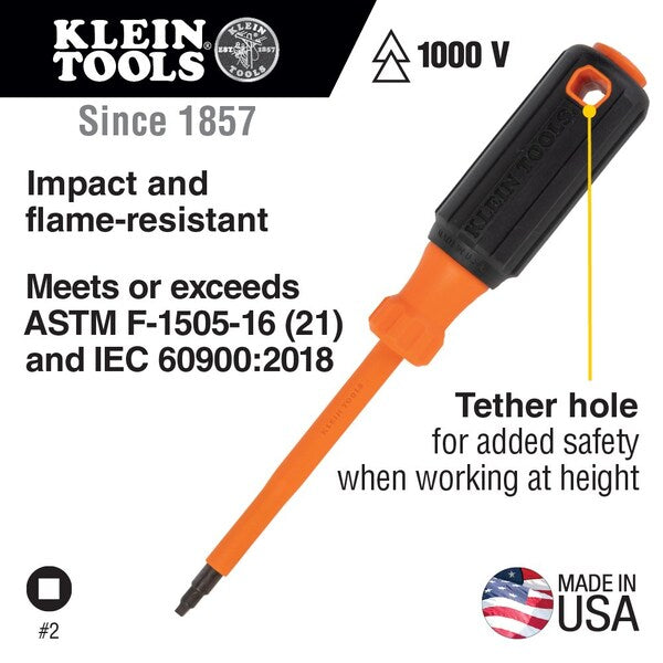 Insulated Screwdriver, #2 Square Tip, 4-Inch Round Shank