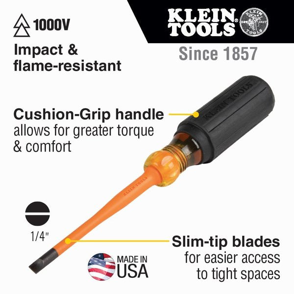 Slim-Tip 1000V Insulated Screwdriver, 1/4-Inch Cabinet, 6-Inch