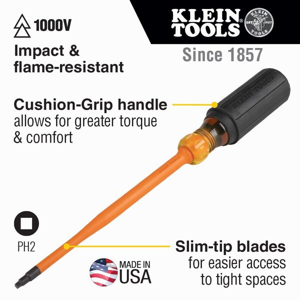 Slim-Tip 1000V Insulated Screwdriver, #2 Square, 6-Inch Round Shank