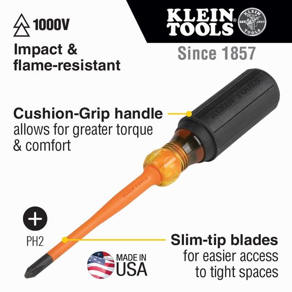 Slim-Tip Insulated Screwdriver, #2 Phillips, 4-Inch Round Shank