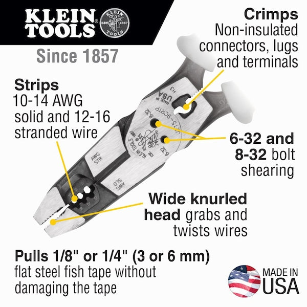 Hybrid Pliers with Crimper, Fish Tape Puller and Wire Stripper