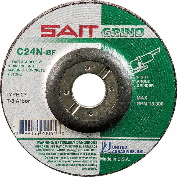SAIT, 24 Grit, 4-1/2" Diam X 1/4" Thick X 7/8" Silicon Carbide, Type 27 Depressed Center Wheel