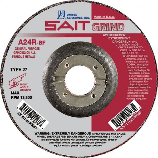 SAIT, 24 Grit, 7" Wheel Diam, 1/4"Type 28 Depressed Center Wheel aluminum Oxide,8,500 Max Rpm