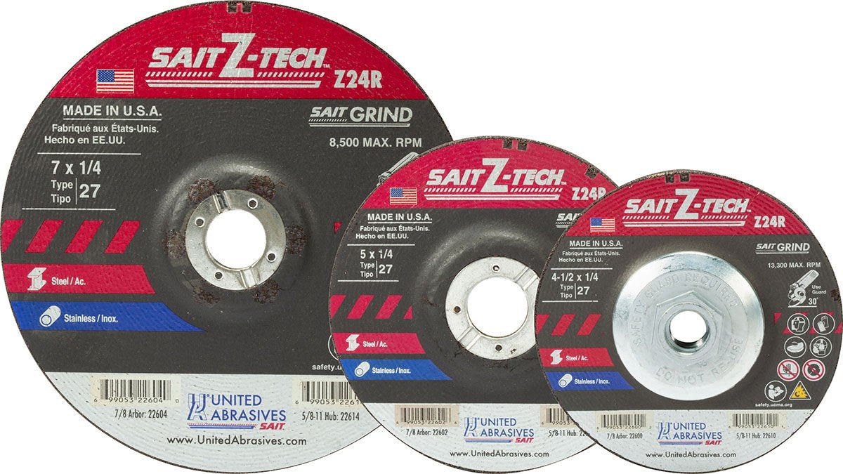 SAIT, 24 Grit, 6" Wheel Diam, 1/8"Thickness, 7/8" Arbor Hole, Type 27 Depressed Center Wheel zirconia Alumina