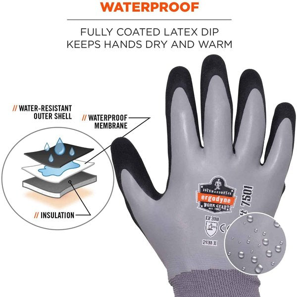 Gray Coated Waterproof Winter Work Gloves, M, PR