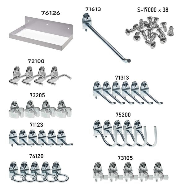 12 In. W x 6 In. D White Epoxy Coated Steel Pegboard Shelf 36 pc. DuraHook Pegboard Hook Assortment